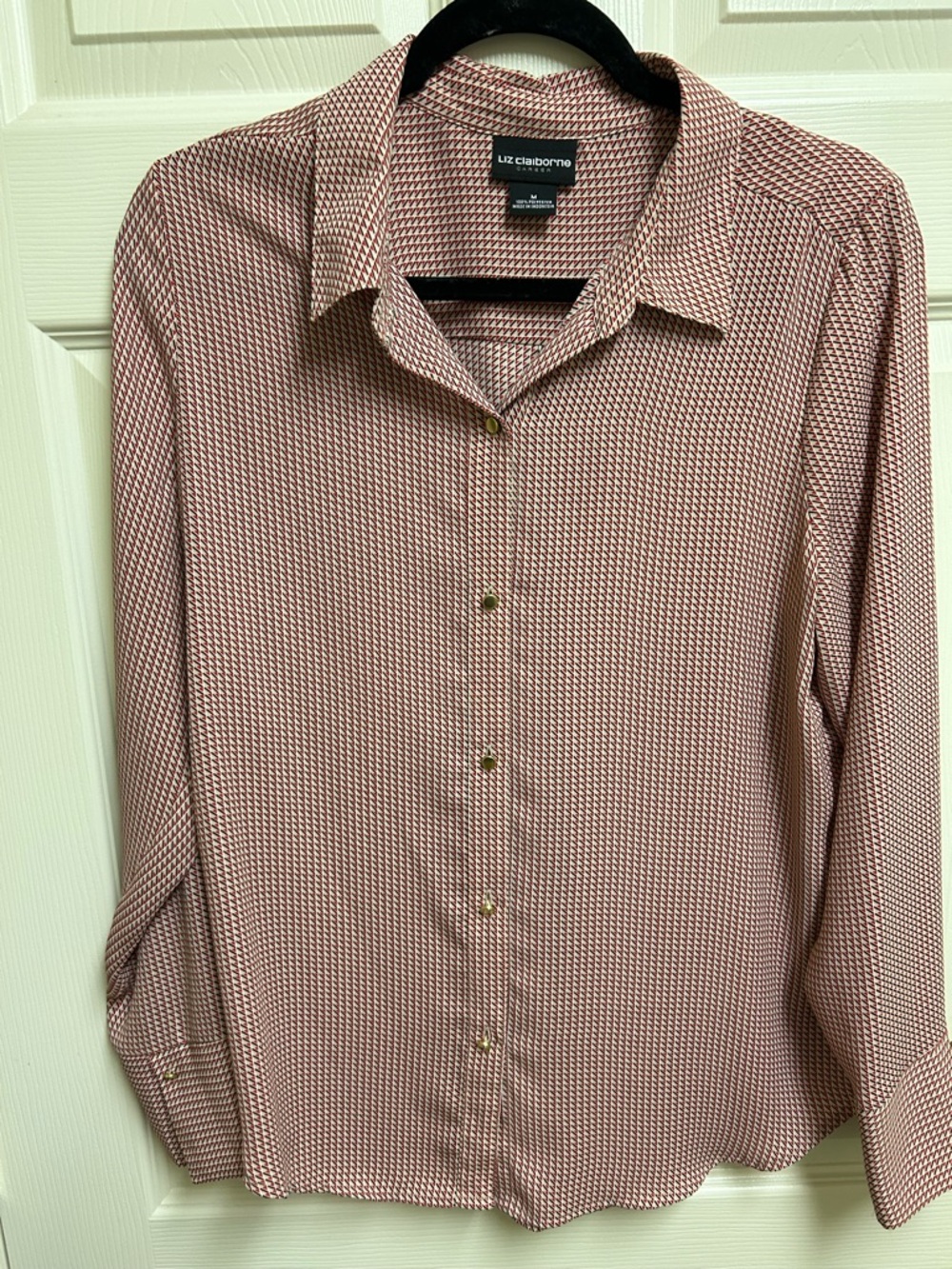 Liz Claiborne Women’s Long-Sleeve Patterned Button-Up Shirt - Rose and White